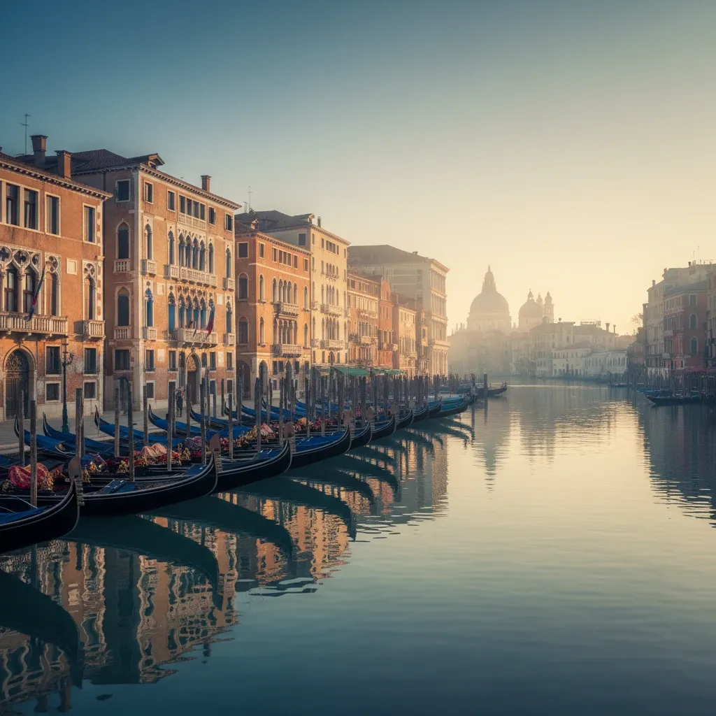 Venice canals at sunrise with gondolas