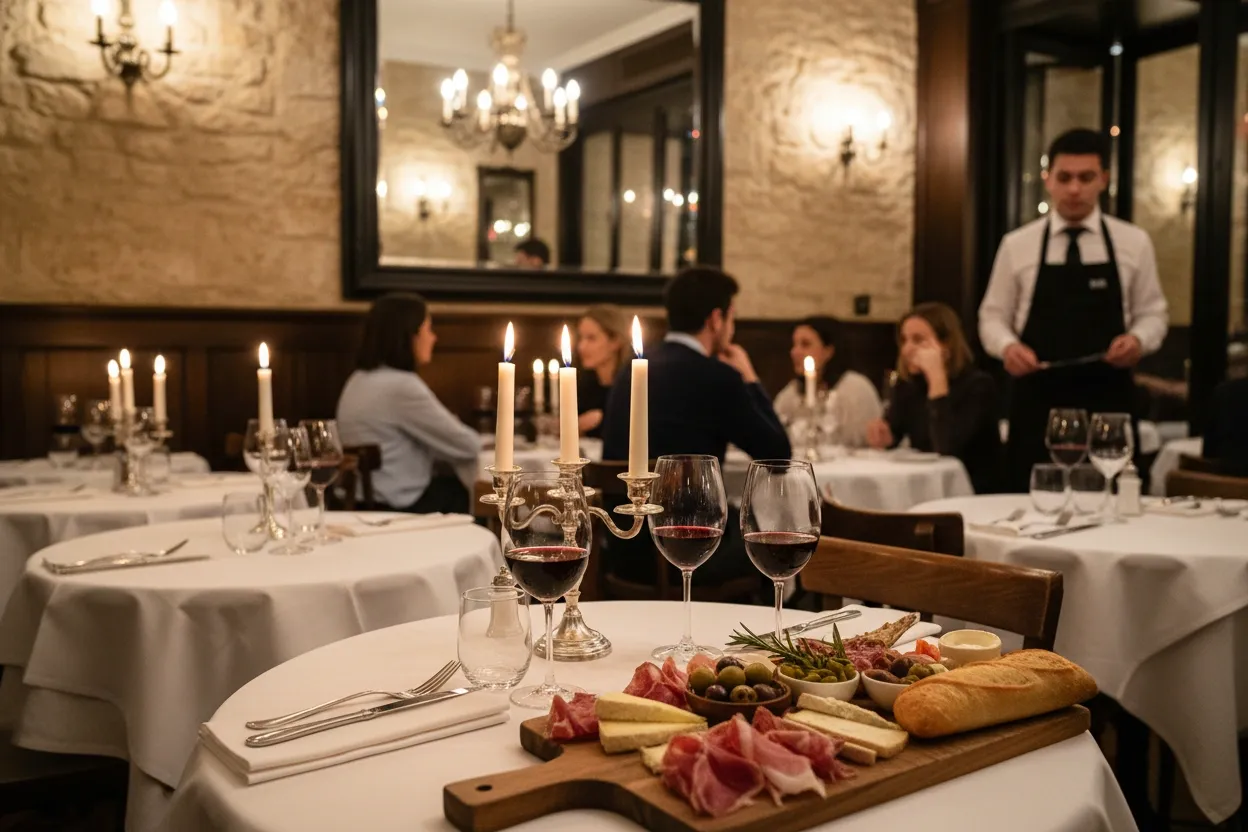 Elegant French bistro with candlelight and white tablecloths