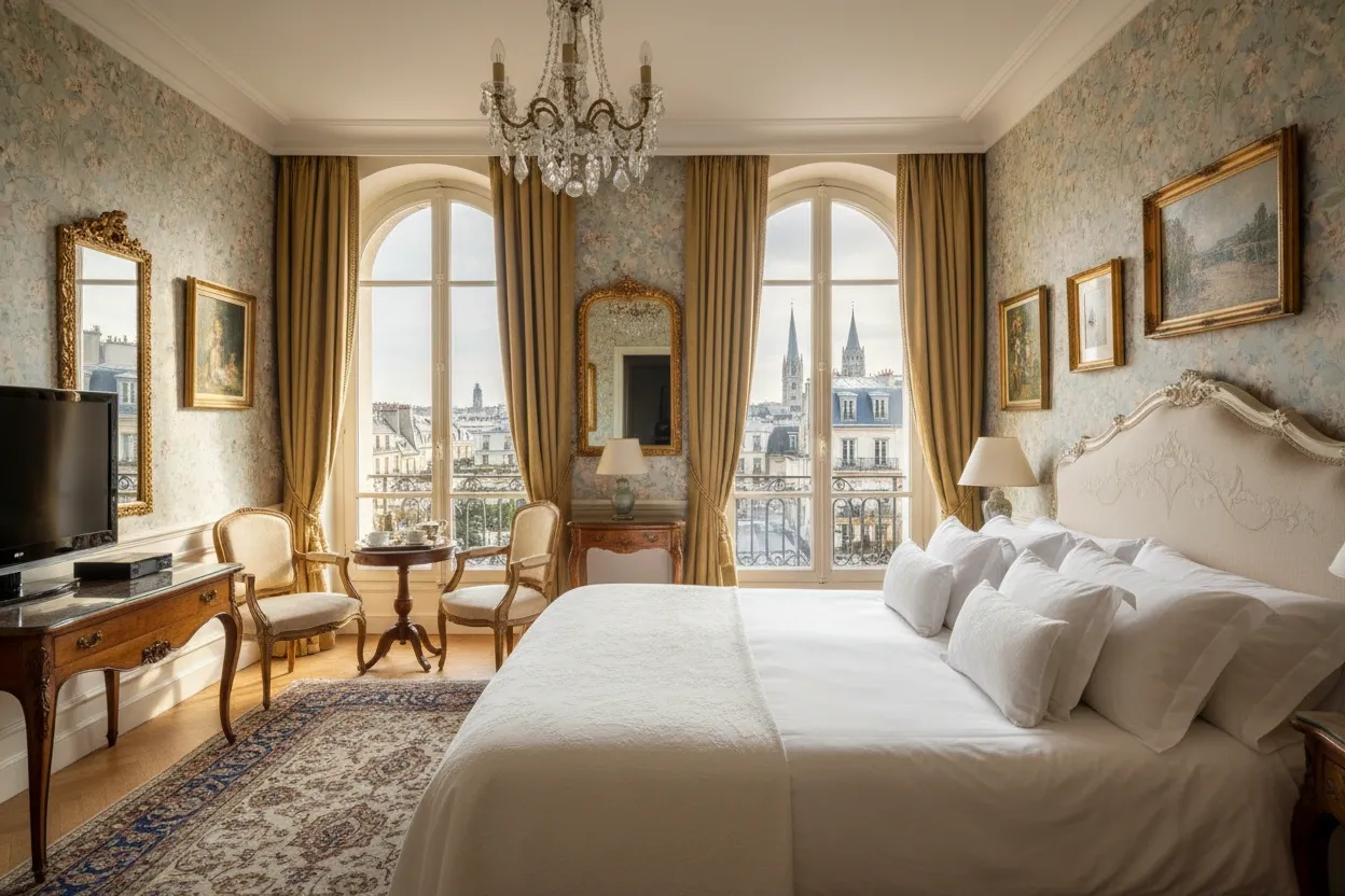 Luxurious boutique hotel room with city view