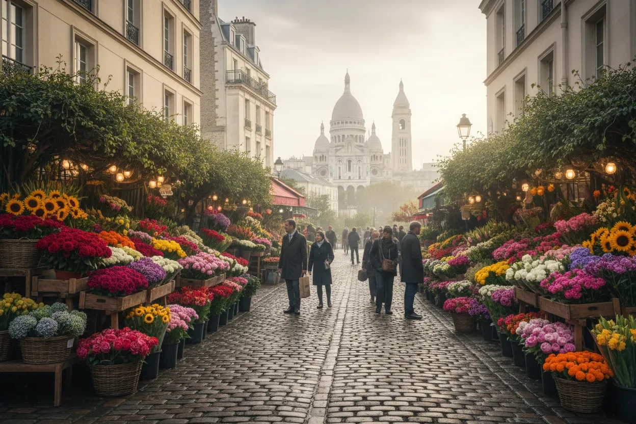 Paris Montmartre cobblestone streets at morning light