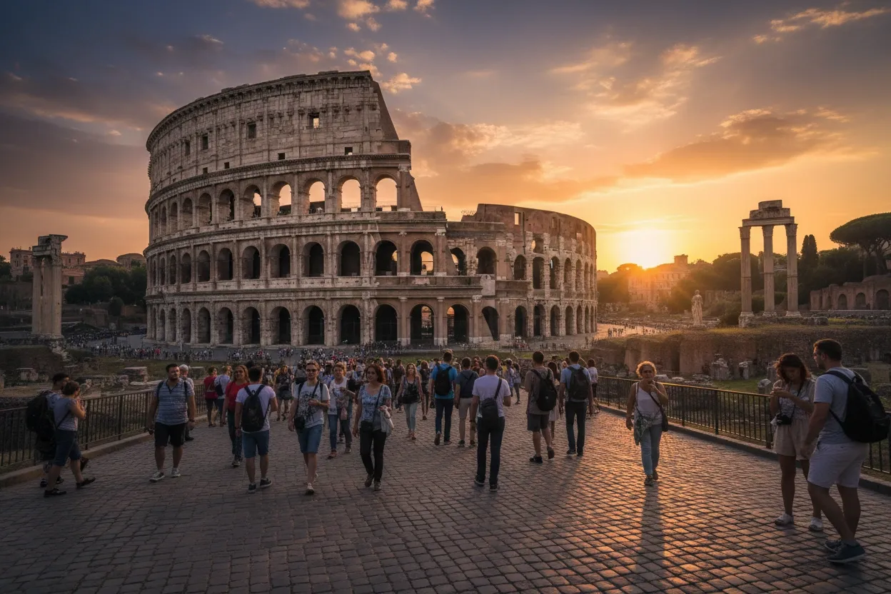 Rome Colosseum at sunset with golden sky